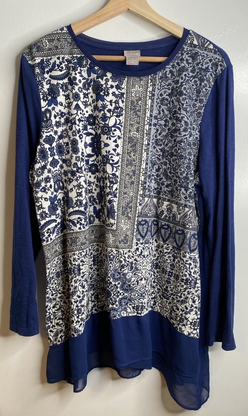 Chico's Women's Blue Floral Knit Top Long Sleeve Layered Hem Size 2 Chicos Large